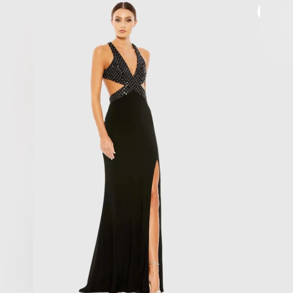 Mac Duggal Black Floral Sequin Criss Cross Bodice Gown NWT Size 10